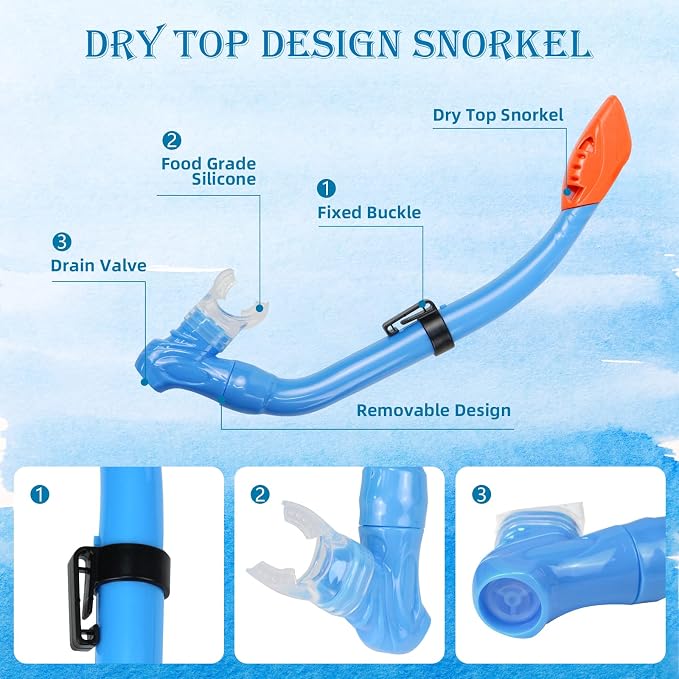 Kids Snorkeling Set - Adjustable Flippers + Panoramic Snorkel Mask + Dry Snorkel Tube + Travel Bags - Suitable for Kids & Juniors, Age 5-14
