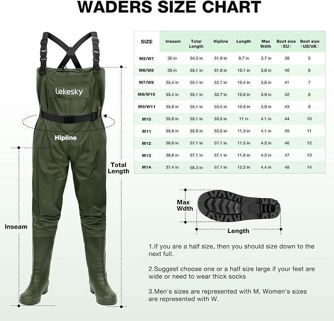 Lekesky Fly Fishing Chest Waders with Boots for Men Women, US Sizes 5–14,2-Ply Nylon/Pvc Waterproof Waders