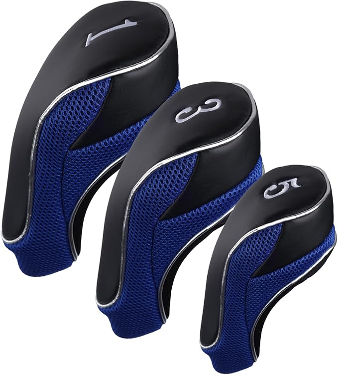 Andux Golf Wood Club Head Covers with Hook & Loop Set of 3 | for 460cc Driver Fairway Short Neck Faux Leather and Nylon-mesh Embroidery thread Number