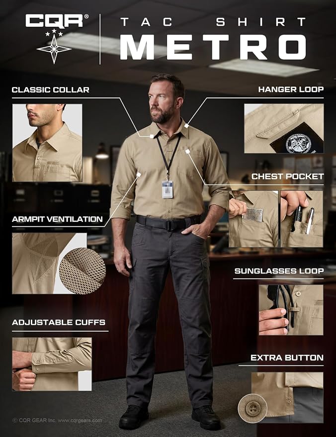 CQR Men's Long Sleeve Tactical Shirts, Ripstop Military Work Shirts, UPF 50+ Breathable Button Down Outdoor Hiking Shirt