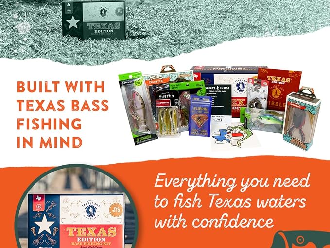 Catch Co Mystery Tackle Box Texas Bass Elite Fishing Kit (7-9 Items) | 7-9 Freshwater Baits for Largemouth, Smallmouth & More – Includes Exclusive Texas Decal, Fishing Gift, Fishing Gifts for Men