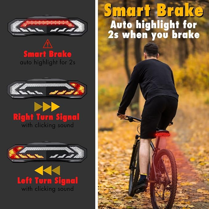 NineLeaf Bike Turn Signals, Turn Signal Kit for Ebike, Bike Turn Signals Front and Rear Auto On/Off Electric Bell Automatic Brake Light Remote Control Rear Light USB Rechargeable IP65 Waterproof