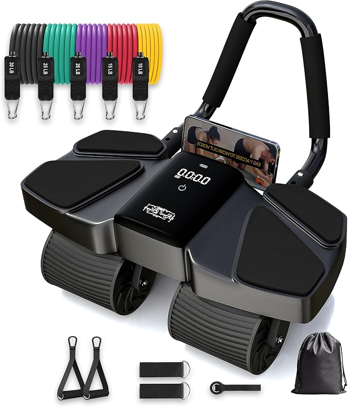 Ab Roller Home Gym Equipment – 4 Wheels Ab Wheel Muscle Roller with Built-in Tracker , 5Pcs Resistance Bands, Ankle Straps, Door Anchor, Handles, Travel Bag – Comfortable Elbow Support with Non-Slip Handles