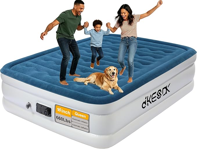 Air Mattress Queen with Built in Pump Comfortable Waterproof Flocked Surface Blow up mattresses for Temporary Family Stays and Travel,16-Inch Blow Up Mattress Inflates in 3 Minutes
