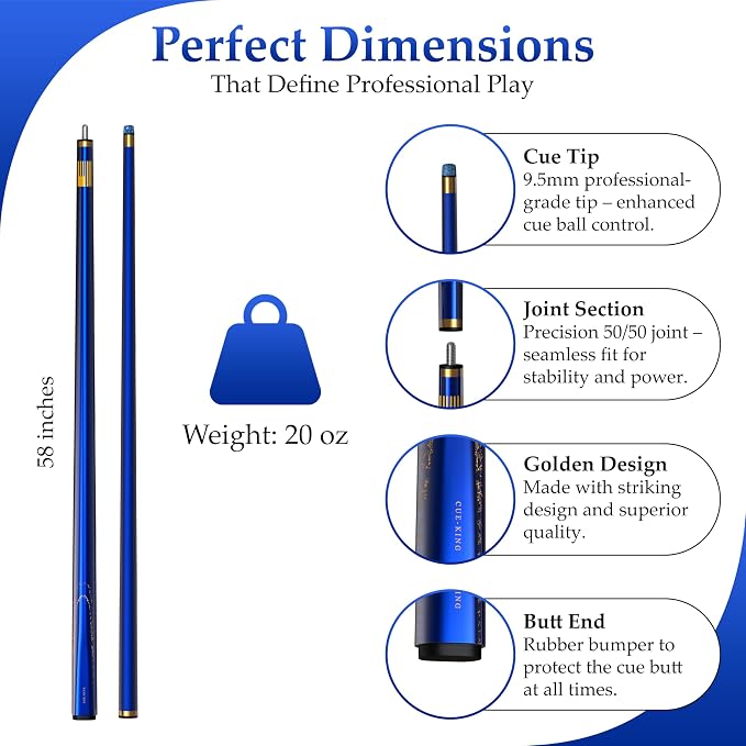 Cue-King Premier Pool Cue 58" 20oz 2 Piece with 9.5mm Premium Tip and Leather Case, Pool Stick, Cue Stick, Billiard Cue Stick, Taco De Billar, Pool Table Stick, Billiard Stick