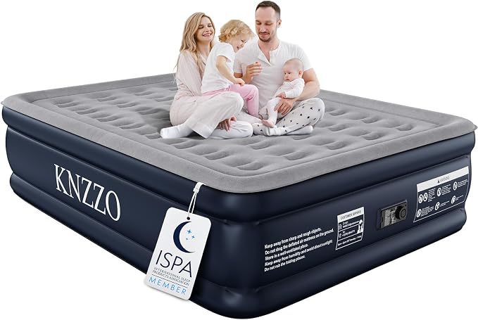KNZZO Queen Air Mattress with Built-in Pump, 18" Top Inflatable Mattress with Waterproof Flocking Fabric, Three-Minute Quick-Inflatable Bed. Portable Blow Up Mattress for Home, Outdoor and Guests
