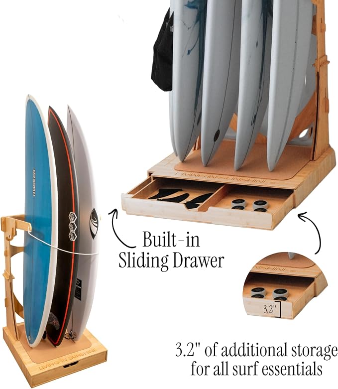LISS Spirit Surfboard Rack Stand Holder for 3 & 4 Boards, Indoor Storage Display for Longboard, Shortboard, Snowboard, Wakeboard, Skateboard Up to 10Ft Long