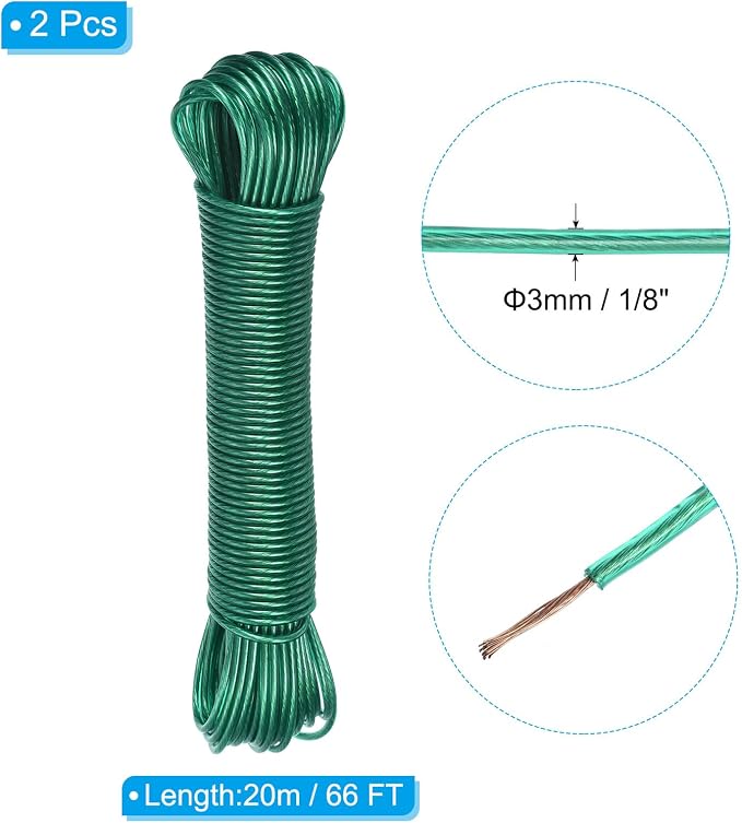 PATIKIL Plastic Coated Clothesline, 2 Pack 1/8 Inch x 66 FT Extra Strong Steel Core Clothes Lines Wire for Drying Clothes, Outside Hanging, Green