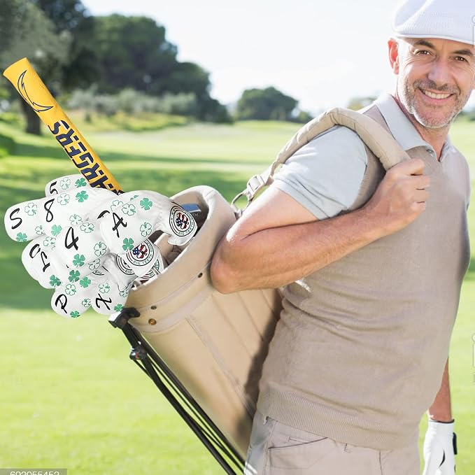Big Teeth Golf Cover Lucky Clover Headcover Covers, Driver Fairway Wood Hybrid Headcovers Fits Blade Mallet Putter Iron and Woods with Magnetic White Shamrock Head Club Protector Leather