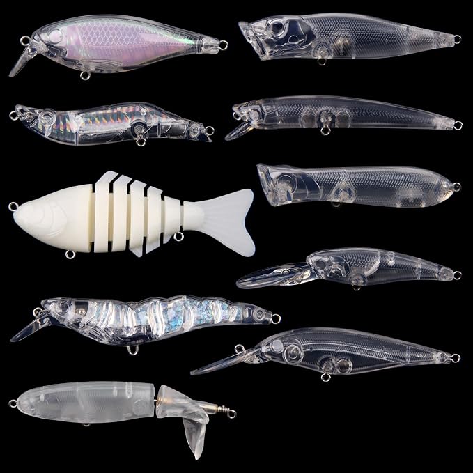 Unpainted Fishing Lures Making Kit DIY Blank Lures Crankbaits Minnow Jerkbait Hard Bait Set with Treble Hooks, Split Rings, Lure Eyes Lure Making Supplies Make Your Own Fishing Lures