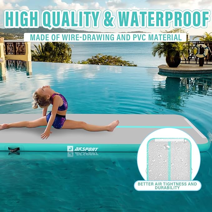 AKSPORT Inflatable Gymnatsics Mat Tumble Track 10ft 13ft 16ft 20ft 23ft Air Tumbling Mat with Air Pump for Home Use/Training/Cheerleading/Yoga