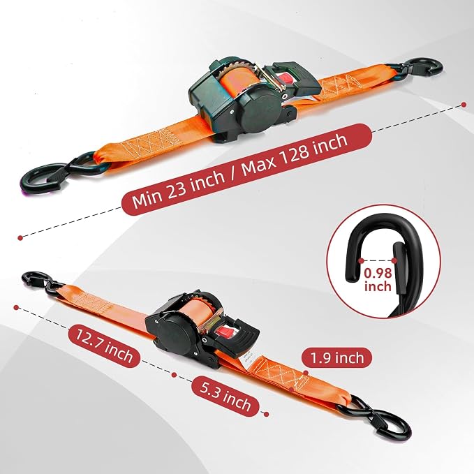 Auto Retractable Ratchet Tie-Down Straps 4500 lbs, 2in × 10ft Self-Retracting Ratchet Strap, Heavy Duty S-Hooks, Retract Strap System for Cargo, Trucks, Trailers, Orange, 2 Pack, Damped Rewind