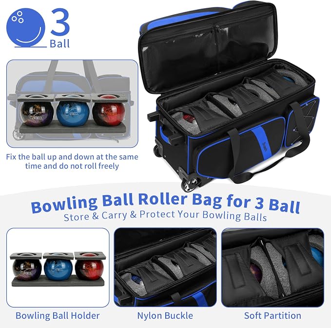 BOSSTIN 3 Ball Bowling Bags with Wheels, Secure Adhesive Fixed Ball Cup & Shoe Compartment, Bowling Ball Bag 3 Ball Roller with Multi-Pockets