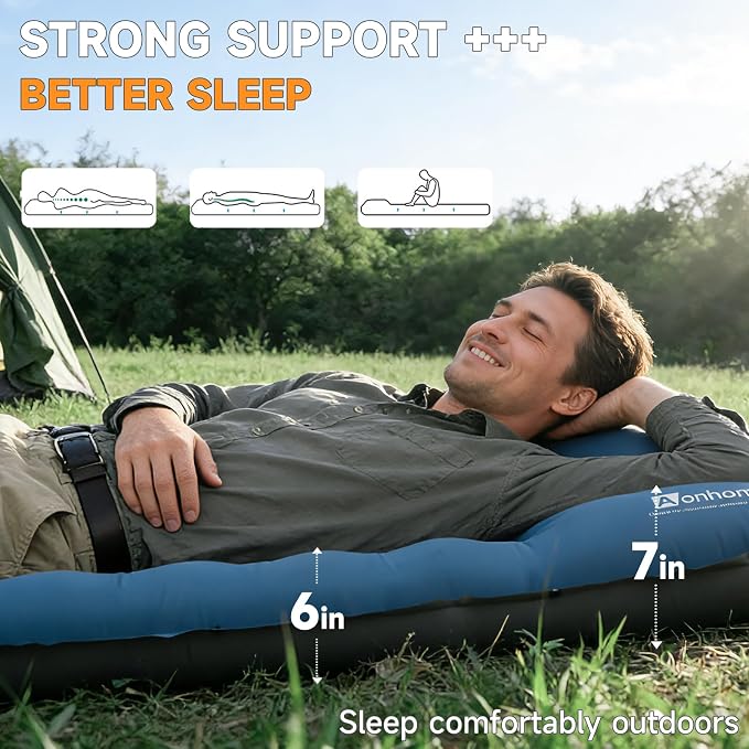 Camping Sleeping Pad, 6" Extra Thick Sleeping Mat with Pillow Built-in Foot Pump, 32.7" Extra Wide Inflatable Sleeping Pads Compact for Camping Backpacking Hiking Traveling Tent (Blue)