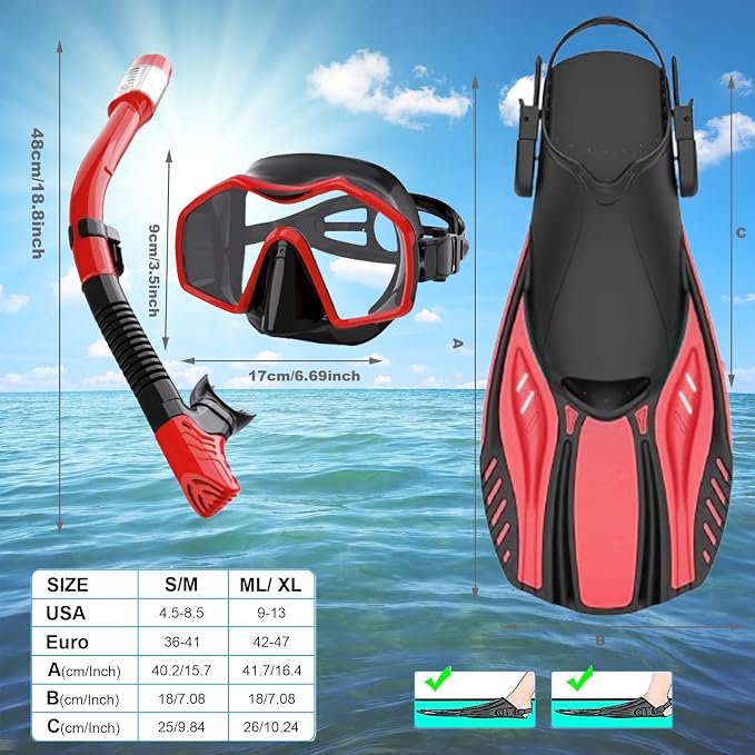 Snorkeling Gear for Adults,Mask Fins Snorkel Set,Panoramic View Diving Mask Anti-Fog,Dry Snorkel,Adjustable Swim Flippers and Travel Bag,Adults Snorkel Gear for Swimming Snorkeling Diving