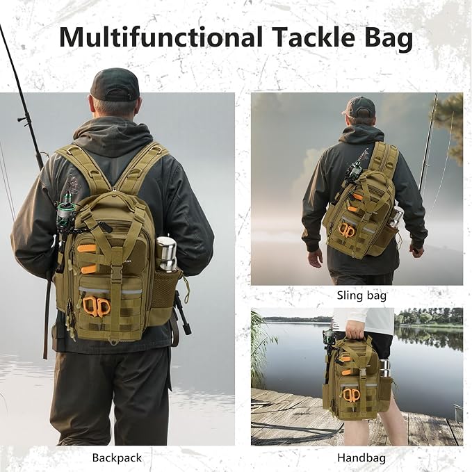 BASSDASH Convertible Fishing Backpack Sling Bag with Rod Holder, Adjustable Tactical Water-Resistant Tackle Storage Pack FP07