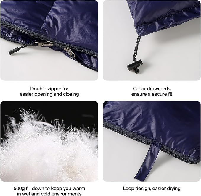 ShinHye Ultralight Adult Sleeping Bag 500g Premium Duck Down - Waterproof & Compressible 3-Season Camping/Backpacking 40-59℉ with Compression Sack(Navy)