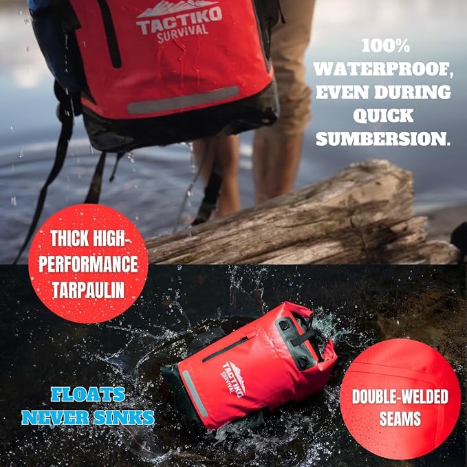 TACTIKO 35L Heavy-Duty 100% Waterproof Backpack, Roll Top Dry Bags for Kayaking, Hiking, Camping, Survival