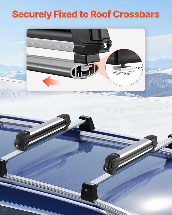 VEVOR Ski & Snowboard Roof Rack, Carry up to 4 Pairs of Skis or 2 Snowboards, 2 PCS Aluminum Universal Car Roof Rack with Lock & Rubber Padding, Carrier for Fishing Rod, Fit Most Slotted Crossbars