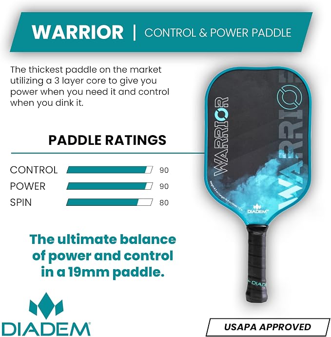 Diadem Warrior Pickleball Paddle | Carbon Fiber Face, 3X L-Core Hybrid Nomex Polymer Honeycomb Core, Grit Paint Surface for Spin, Control and Power | Indoor/Outdoor | USAPA Approved