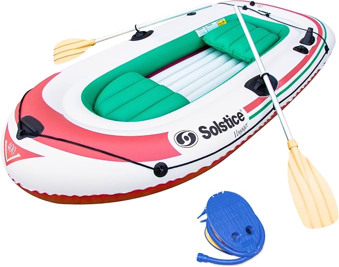 SOLSTICE Inflatable Boat for Lakes, Rivers & Beaches – Heavy-Duty Raft with Swivel Oar Locks, Rod Holders & Inflatable Seats – Voyager, Fishing, Full Kit Includes Oars & Pump, 4-Person, Brown, 8'6"