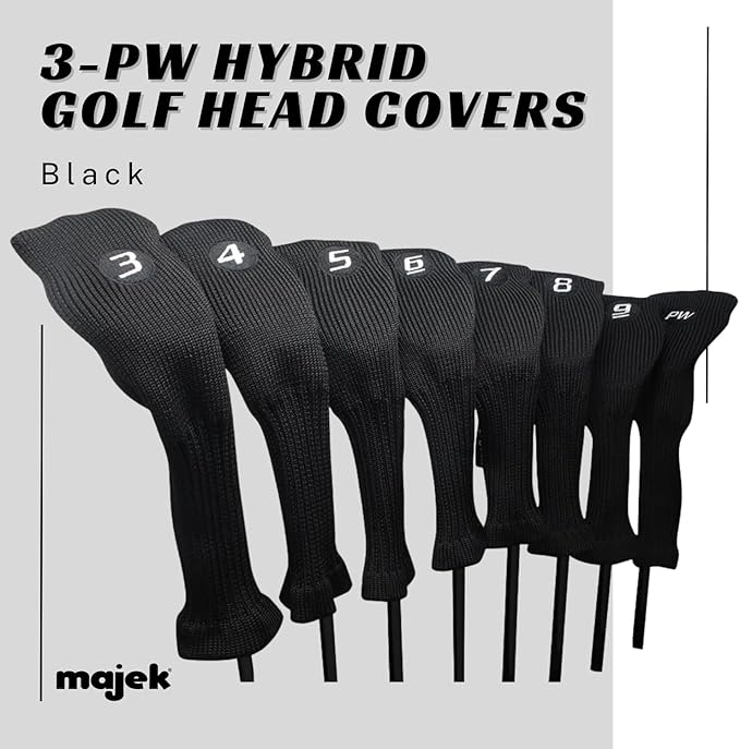 All Hybrid Head Cover Golf Club Black Sleek Tight Fit Headcover Set 3-PW Acrylic Head Covers 3 4 5 6 7 8 9 PW Easy to See Large White Embroidered Numbers