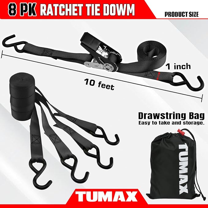 Ratchet Straps, 900 LB Break Strength, 8-Pack 10FT Ratchet Tie Down Straps Set for Motorcycle Straps Tie Downs, Appliances, Lawn Equipment, Logistic Cargo Straps for Trucks (Black)
