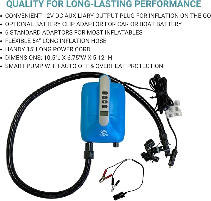 RAVE Sports Dual Stage Rapid High Pressure 20 PSI Electric Air Pump for Inflatable Stand Up Paddle Boards, Boats, Kayaks, and Mats, 12V DC Car Output Connector