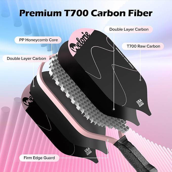 T700 Carbon Fiber Pickleball Paddles,Pickleball Racket with 16mm Polypropylene Honeycomb Core, Lightweight Pickle Ball Paddle Ultimate Spin & Control for Intermediate Level Player