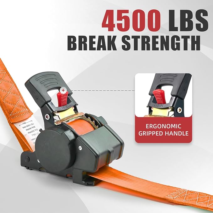 Auto Retractable Ratchet Tie-Down Straps 4500 lbs, 2in × 10ft Self-Retracting Ratchet Strap, Heavy Duty S-Hooks, Retract Strap System for Cargo, Trucks, Trailers, Orange, 2 Pack, Damped Rewind