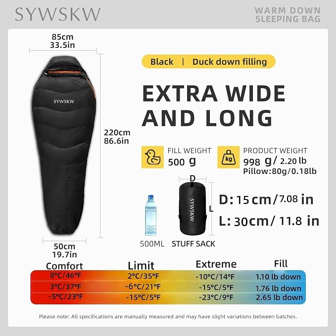 Down Sleeping Bag with Pillow for Backpacking,15℉ 5℉ 0℉ Wide Down Sleeping Bag (86.6 in x 33.5 in) for Adults,Youth Camping and Hiking Outdoor with 680FP Duck Down