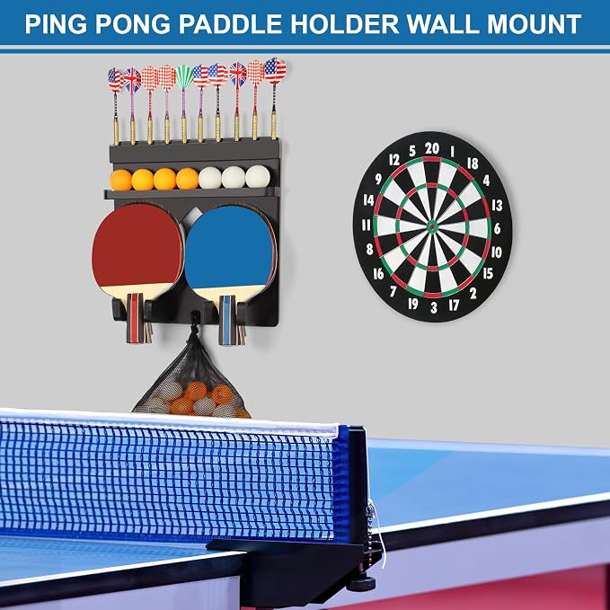 Ping Pong Paddle Holder Wall Mount Hold 8 Paddles, Ping Pong Rack Dart Holder 2-in-1, 100% Solid Wood Table Tennis Organizer, Black