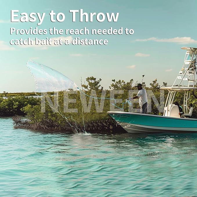 Neween Cast Net for Fishing with Shrimp Cage, American Freshwater Saltwater 3/4/5/6/7/8/9/10Ft Radius Casting Net Bait Trap Fish, Heavy Duty Zinc Sinker, 3/8 Inch Mesh Size