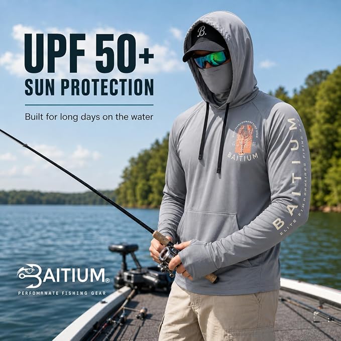 Fishing Shirts for Men,UPF50 Hooded Long Sleeve with Gaiter, Sun Protection Dry Fit Apparel, Face Mask, Fishing Clothes