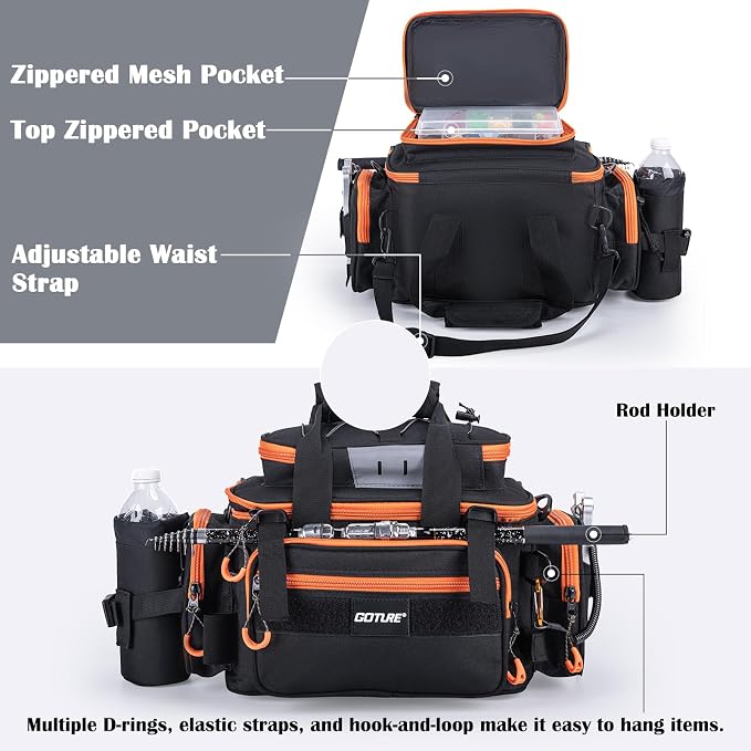 Goture Fishing Tackle Bag with 4 Tackle Boxes, Soft Side 600D Water-Resistant Cross Body Sling Fishing Bag with Rod Holder, Small Saltwater Gear Storage Tactical Bags, Gifts for Men/Women