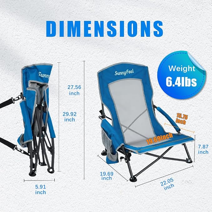 SUNNYFEEL Folding Low Beach Chair 2 Pack - Lightweight Portable Lawn Chair with Mesh Back & Cup Holder, Sand Chair Load up to 300lbs for Outdoor/Travel/Picnic/Concert
