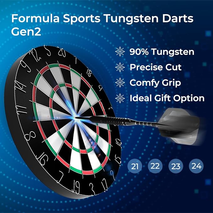 Formula Sports 90% Tungsten Darts Metal Tip Set - Professional Steel Tip Darts Set 21g/22g/23g/24g, with Aluminum Shafts, Tungsten Barrels, Dart Sharpener, Extra Flights