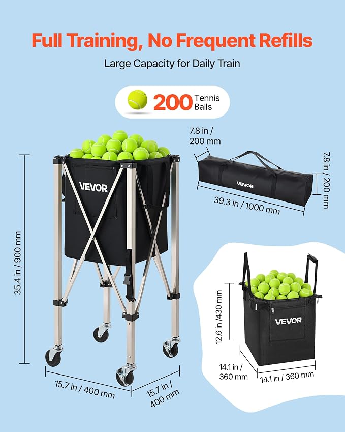 VEVOR Tennis & Pickleball Hopper Holds 200/175/150/120 Balls, 3-in-1 Tennis Foldable Pickleball Basket Cart for Easy Installation, Storage Bag for Tennis Training & Teaching