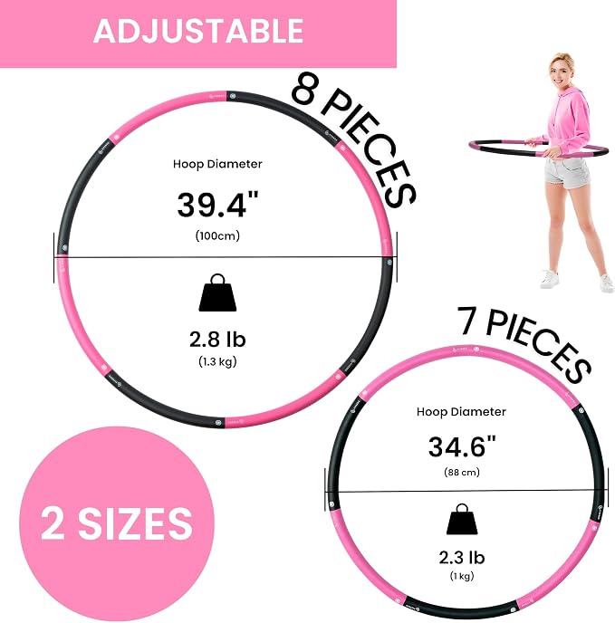 Weighted Fitness Hoop for Adults, 2.8 lb, Large Adjustable Size for Core Workouts and Weight Loss Support, 8 Detachable Sections