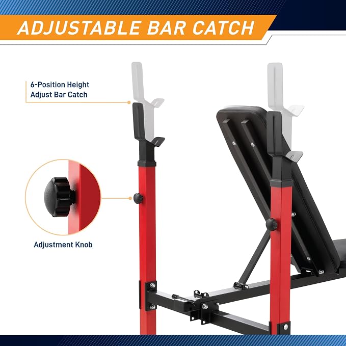 Marcy Deluxe Olympic Weight Bench with Adjustable Back & Bar Catch & Optional Arm Curl, Leg Developer, Lat Tower Attachments (Sold Separately), Personal Home Gym for Strength Training, Weightlifting