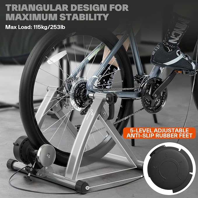 Sportneer Bike Trainer - Magnetic Stationary Bike Stand for 26-28" & 700C Wheels - Adjustable 6 Level Resistance Bike Trainer Stand for Indoor Riding with Quick Release Lever & Front Wheel Riser Block