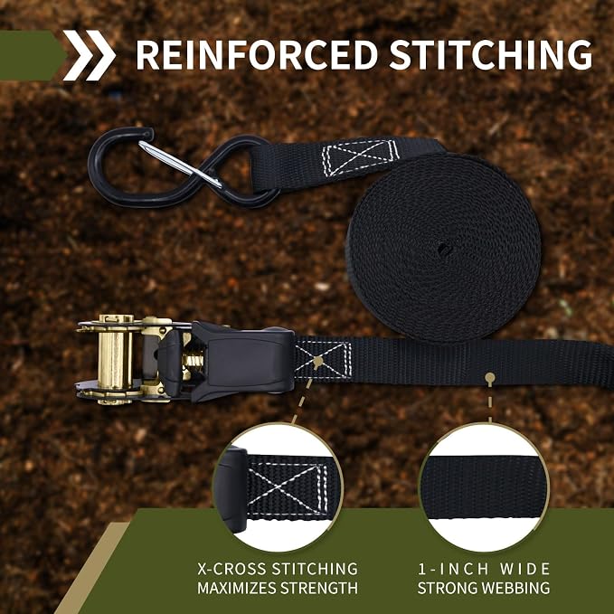 Ratchet Tie Down Straps with Soft Loops 4-Pack| 1 inch x 15 ft | Securing Cargo Strap for Car Roof Rack, Trailer, Kayak, Pickup Truck Bed