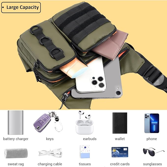 Criuage Outdoor Chest Bag for Men, Lightweight Adjustable Running Vest, Water Resistant EDC Chest Pack with Water Bottle Pocket, Breathable Back Pad for Hiking Cycling Fishing Travel (Olive)