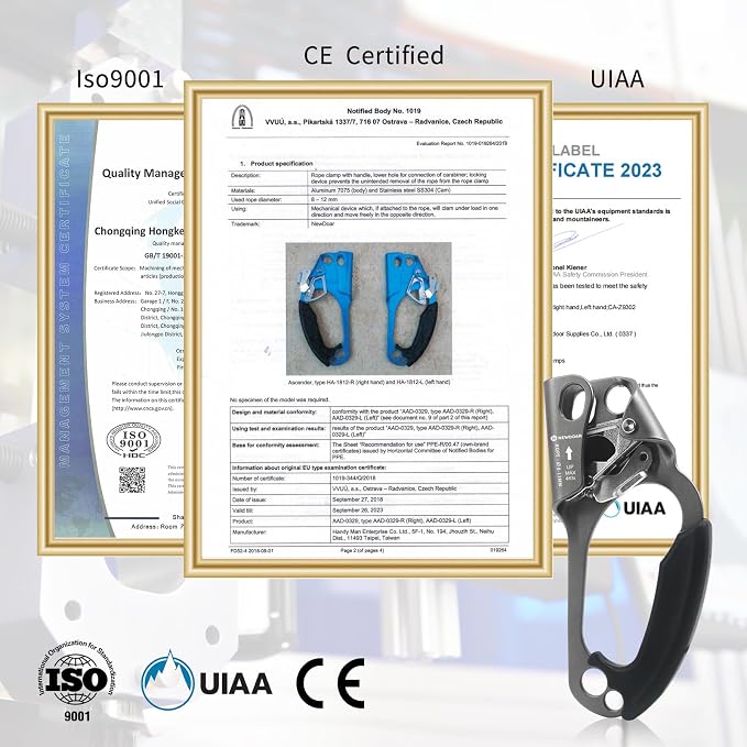 NewDoar UIAA & CE Certified Hand Ascender Rock Climbing Tree Arborist Rappelling Gear Equipment Rope Clamp for 8~13MM Rope