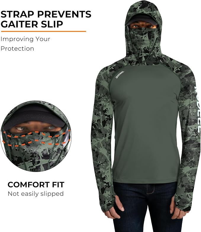Rodeel Men's UPF 50+ Performance Fishing Hoodie, Long Sleeve Sun Protection Athletic Quick-Dry Breathable T-Shirt