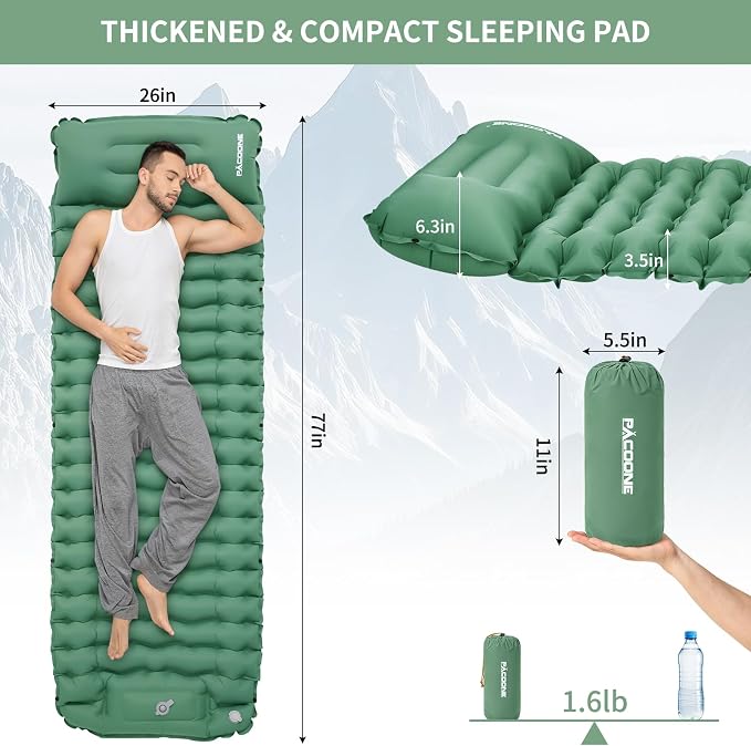 Camping Sleeping Pad, Connectable Design for Double Mat, Ultralight Inflatable Sleeping Mat with Pillow, Built-in Foot Pump, Portable Camping Air Mattress for Backpacking Hiking Tent (Green)