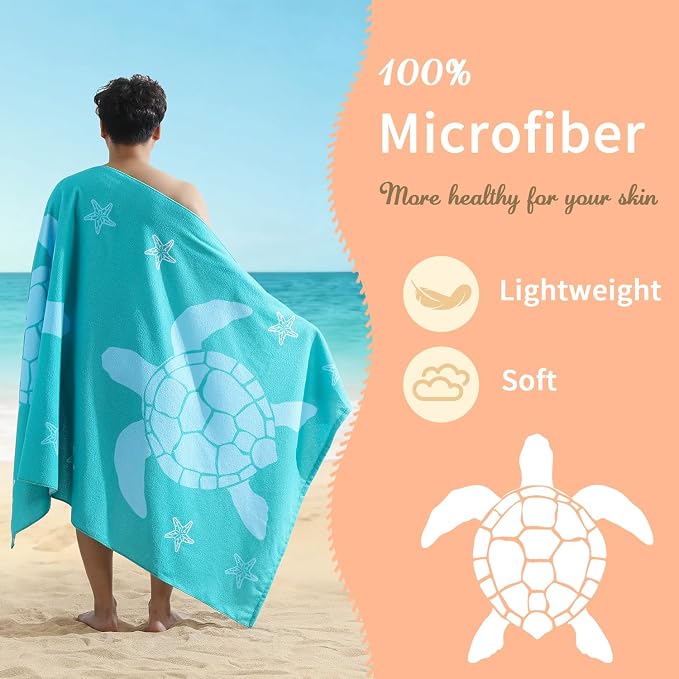 Oversized Beach Towels 4 Pack,40”x70” Microfiber Thin Large Beach Towel Set for Adults Travel Camping Swimming,Turtle Starfish Them Sand Free Quick Dry Lightweight XL Pool Towels -Blue & Green Pine