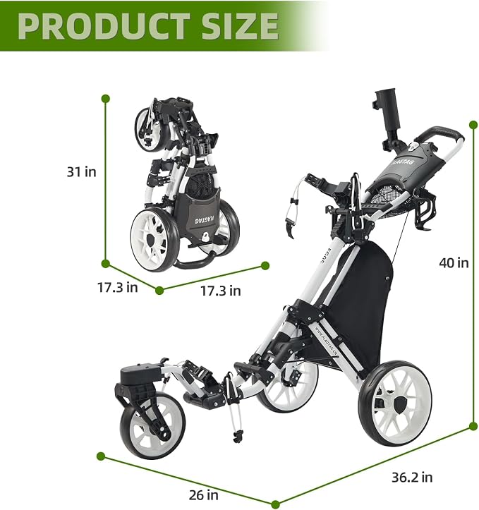 FLAGTAG Golf Push Cart 3 Wheel with 360 Swivel Front Wheel,Lightweight and Foldable Walking Golf Cart，One-Click Foldable,with Foot Brake