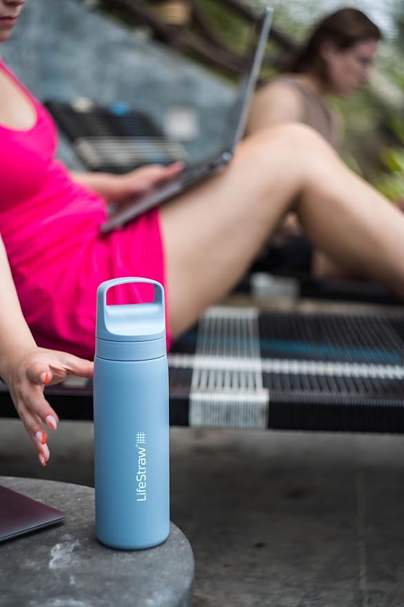 LifeStraw Go Series — Insulated Stainless Steel Water Filter Bottle, 18oz, Icelandic Blue, Removes Bacteria, Parasites, Microplastics, Improves Taste