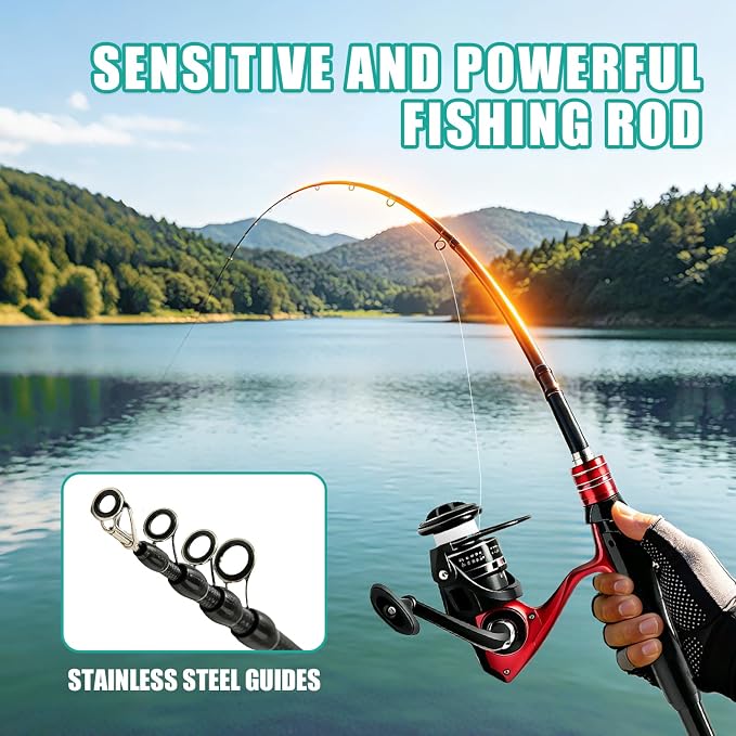 Fishing Rod and Reel Combo Kit, 2PACK Carbon Fiber Telescopic Fishing Pole | 2PACK Portable Spinning Reel Set with Lures,Lines,and Carry Bag for Travel Outdoor Fishing